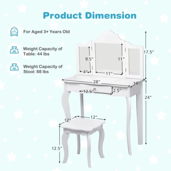 Kids Dressing Vanity Set with 3Folding Mirror and Stool - Image 2