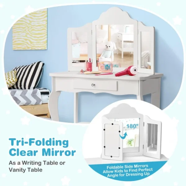 Kids Dressing Vanity Set with 3Folding Mirror and Stool - Image 5