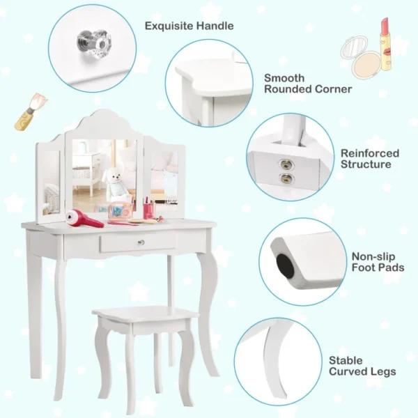 Kids Dressing Vanity Set with 3Folding Mirror and Stool - Image 4