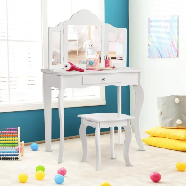 Kids Dressing Vanity Set with 3Folding Mirror and Stool - Image 3