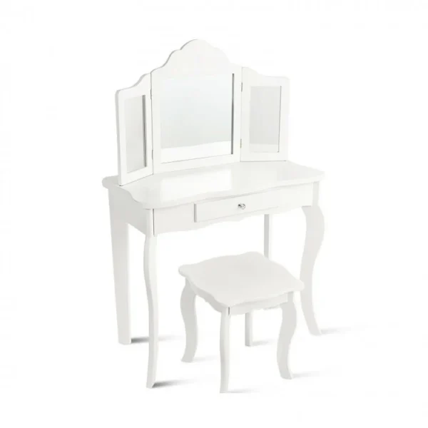 Kids Dressing Vanity Set with 3Folding Mirror and Stool