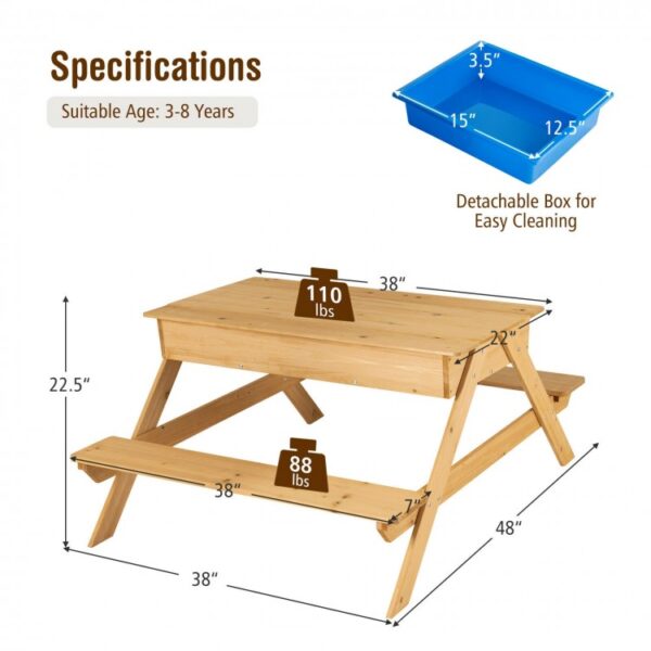 3-in-1 Kids Picnic Table Wooden Outdoor Water Sand Table with Play Boxes - Image 3