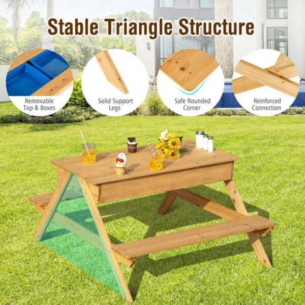 3-in-1 Kids Picnic Table Wooden Outdoor Water Sand Table with Play Boxes - Image 5