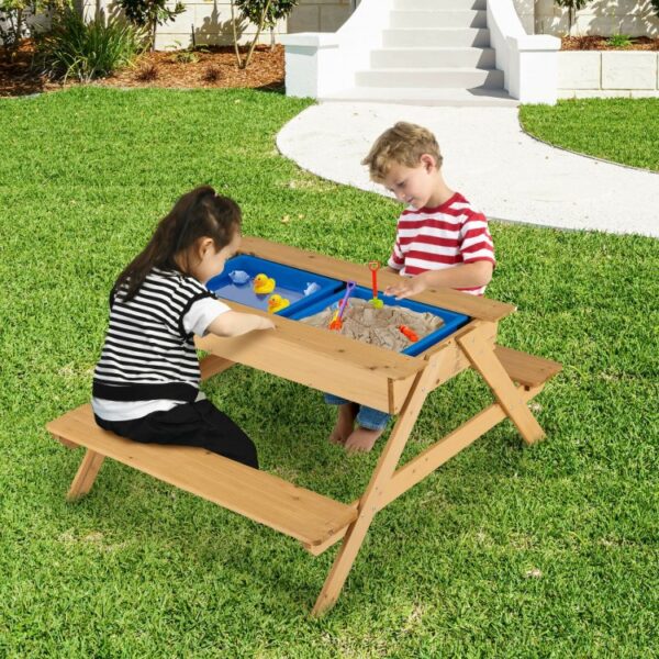 3-in-1 Kids Picnic Table Wooden Outdoor Water Sand Table with Play Boxes - Image 2