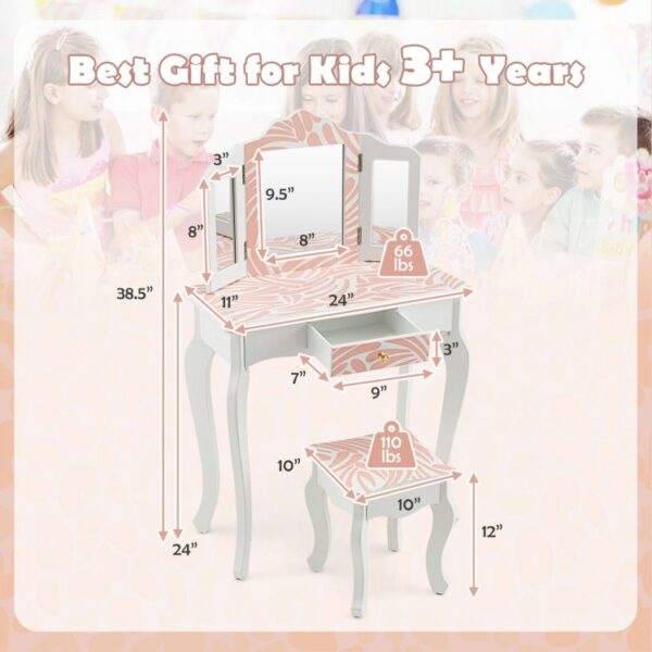 2-in-1 Kids Vanity Table Set with Tri-Folding Mirror - Image 2