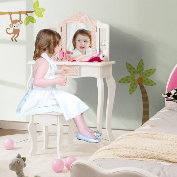 2-in-1 Kids Vanity Table Set with Tri-Folding Mirror - Image 6