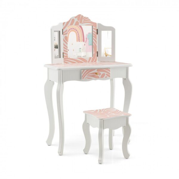 2-in-1 Kids Vanity Table Set with Tri-Folding Mirror