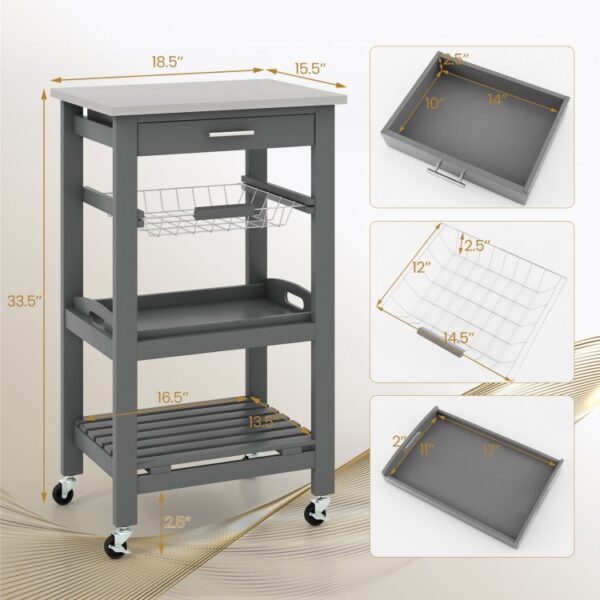 Kitchen Rolling Island Cart with Stainless Steel Tabletop and Basket - Image 7