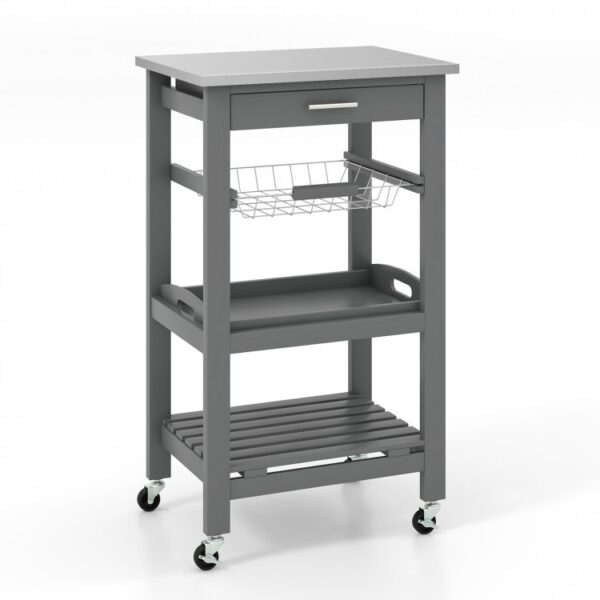 Kitchen Rolling Island Cart with Stainless Steel Tabletop and Basket