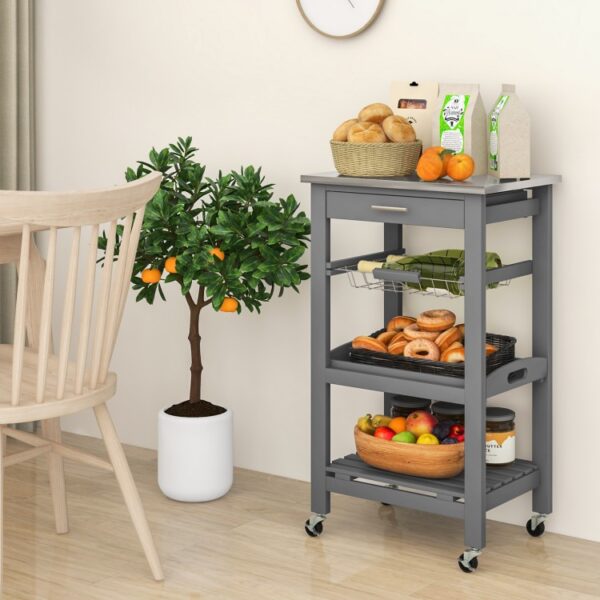 Kitchen Rolling Island Cart with Stainless Steel Tabletop and Basket - Image 2