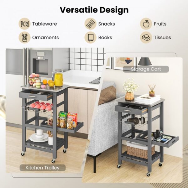 Kitchen Rolling Island Cart with Stainless Steel Tabletop and Basket - Image 3