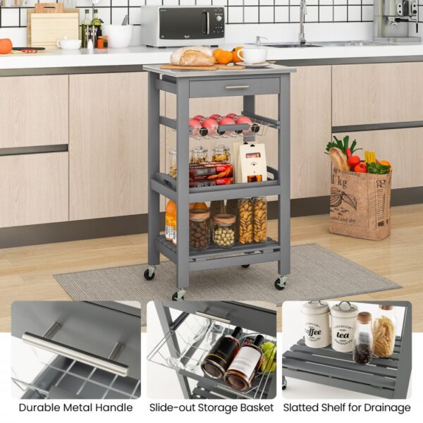 Kitchen Rolling Island Cart with Stainless Steel Tabletop and Basket - Image 6