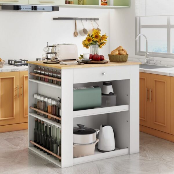 Modern Kitchen Island with Rubber Wood Countertop and Storage - Image 7