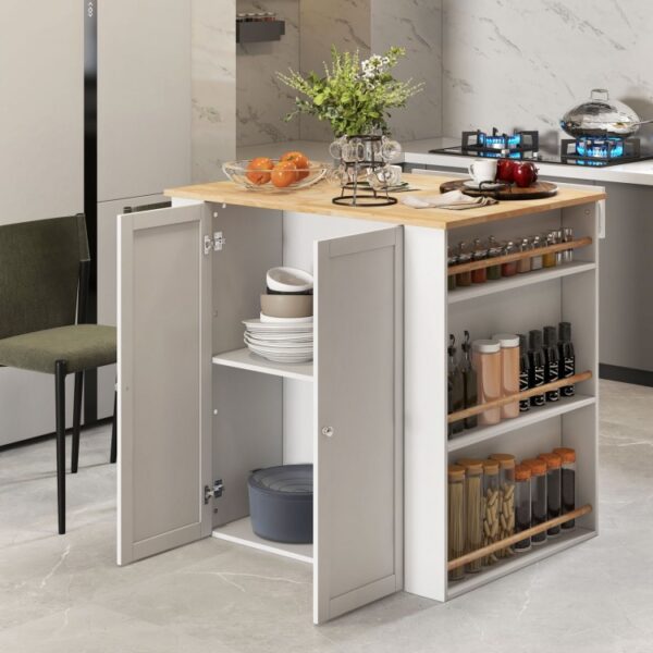 Modern Kitchen Island with Rubber Wood Countertop and Storage - Image 4