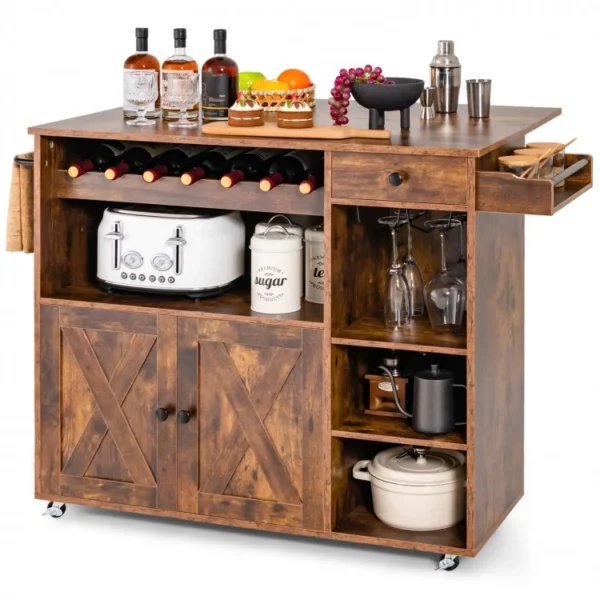 Rolling Kitchen Island Cart with Drop Leaf and Wine Rack