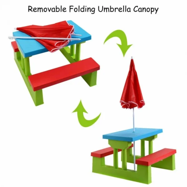 Kids Picnic Folding Table and Bench Set with Umbrella - Image 2