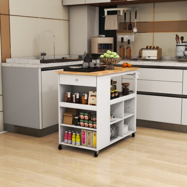 Kitchen Island Trolley Cart on Wheels with Storage Open Shelves and Drawer - Image 7