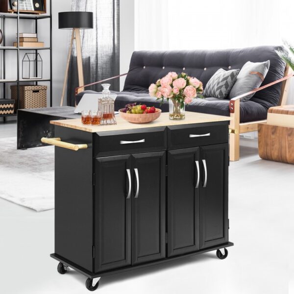 Rolling Kitchen Island Cart with Rubber Wood Top and Smooth Lockable Wheels - Image 4