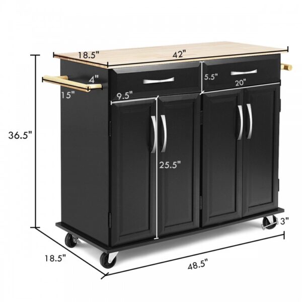 Rolling Kitchen Island Cart with Rubber Wood Top and Smooth Lockable Wheels - Image 2