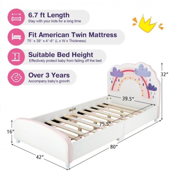 Kids Twin Size Upholstered Platform Wooden Bed with Rainbow Pattern - Image 3