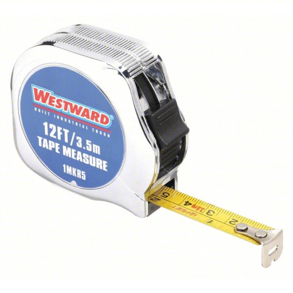 WESTWARD Tape Measure: Inch/Metric, Nonmagnetic Single Hook Tip, Chromed Plastic, 12 ft / 3.5 m