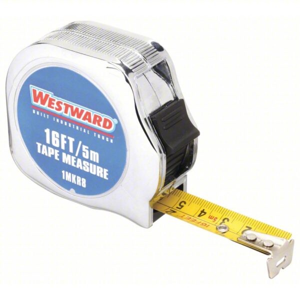 WESTWARD Tape Measure: Inch/Metric, Nonmagnetic Single Hook Tip, Chromed Plastic, 16 ft / 5 m, Auto