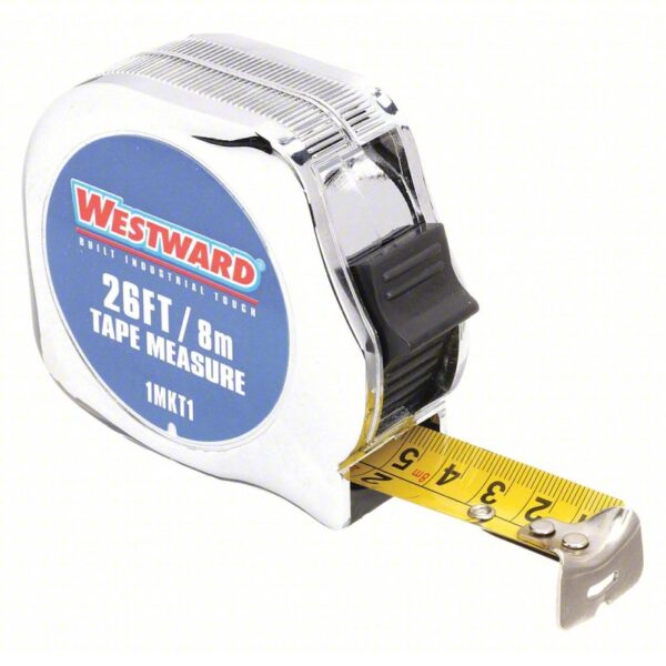 WESTWARD Tape Measure: Inch/Metric, Nonmagnetic Single Hook Tip, Chromed Plastic, 26 ft / 8 m, Auto