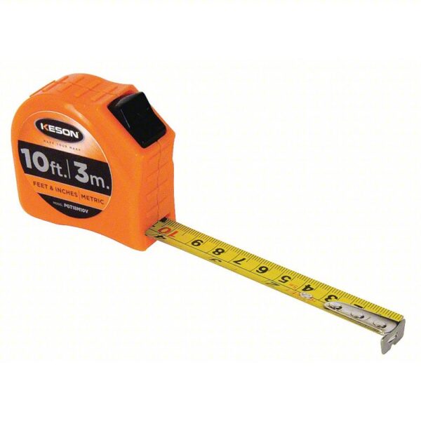 KESON Tape Measure: Inch/Metric, Nonmagnetic Single Hook Tip, Plastic, 10 ft / 3 m, 5 ft Standout Lg