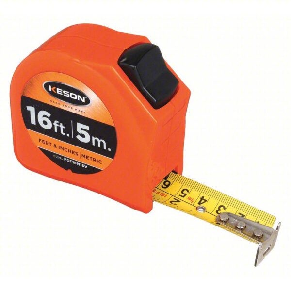 KESON Tape Measure: Inch/Metric, Nonmagnetic Single Hook Tip, Plastic, 16 ft / 5 m, 8 ft Standout Lg - Image 4