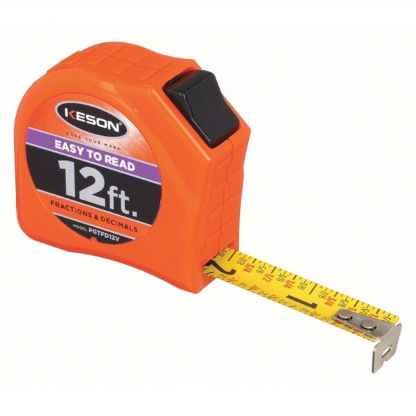 KESON Tape Measure: Inch/Fractional-Read, Nonmagnetic Single Hook Tip, Plastic, 12 ft, Narrow Blade