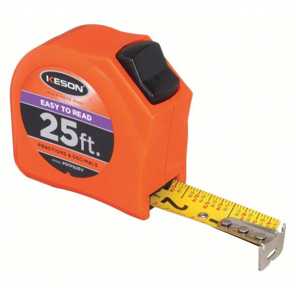 KESON Tape Measure: Inch/Fractional-Read, Nonmagnetic Single Hook Tip, Plastic, 25 ft, Std Blade