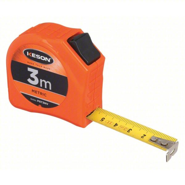 KESON Tape Measure: Metric, Nonmagnetic Single Hook Tip, Plastic, 3 m, 8 ft Standout Lg, 1 mm, Auto