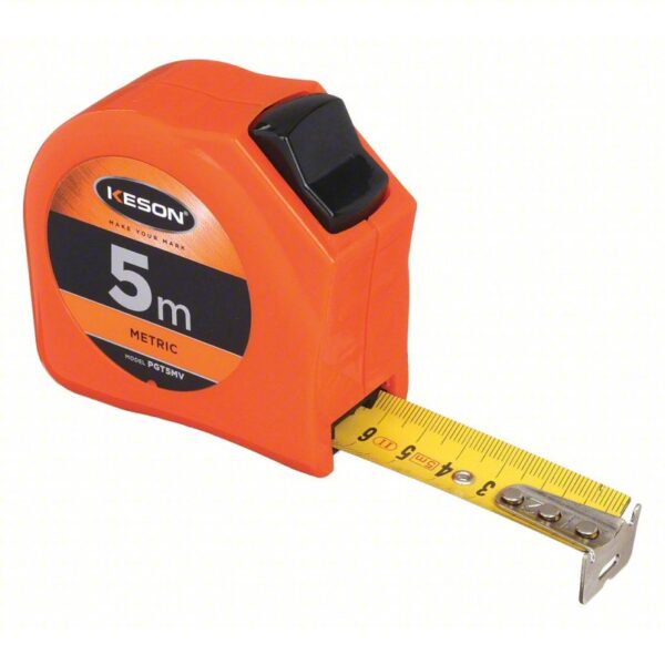 KESON Tape Measure: Metric, Nonmagnetic Single Hook Tip, Plastic, 5 m, 8 ft Standout Lg, Std Blade