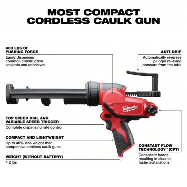 MILWAUKEE Caulk Gun: 12V DC, Cartridge, 10 oz For Container Size, 29 in/min, (1) Bare Tool - Image 3