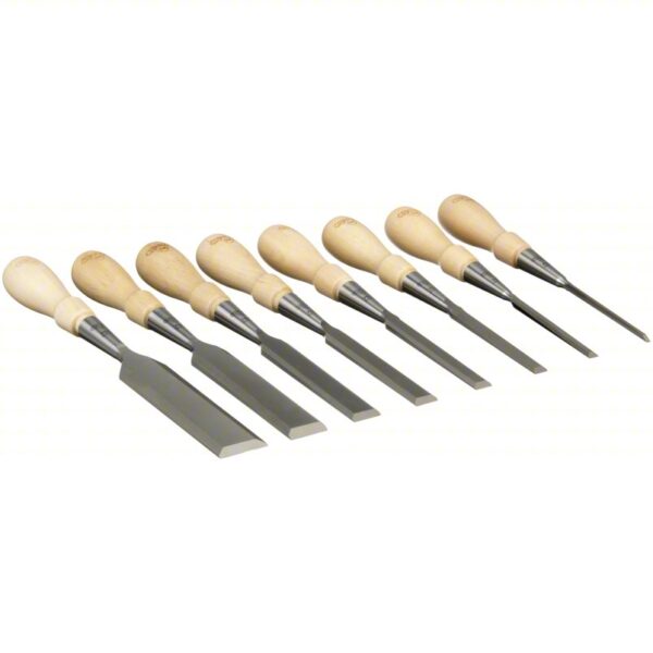 Socket Chisel Set: Wood, 13 3/4 in Overall Lg, 8 Pieces, Straight Tip Shape