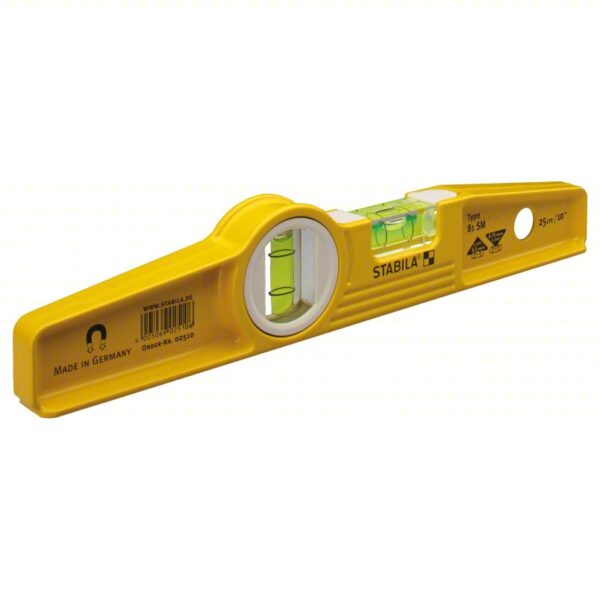 STABILA Torpedo Level: Level & Plumb, Torpedo, 0, Top Read Window, 10 in Overall Lg, Top & Side Read