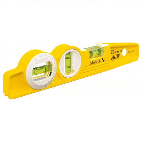 STABILA Torpedo Level: Level, Plumb & 45° angle, Torpedo, 0, Top Read Window, 10 in Overall Lg