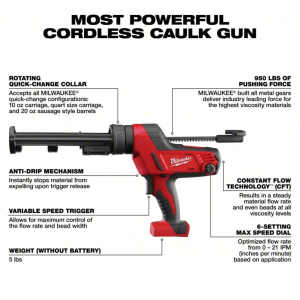 MILWAUKEE Caulk Gun: 18V DC, Cartridge, 10 oz For Container Size, 21 in/min, (1) Bare Tool - Image 2