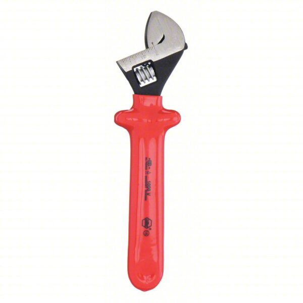 WIHA Adjustable Wrench: Insulated Rubber Dipped, Natural, 8 in Overall Lg, 1 in Jaw Capacity