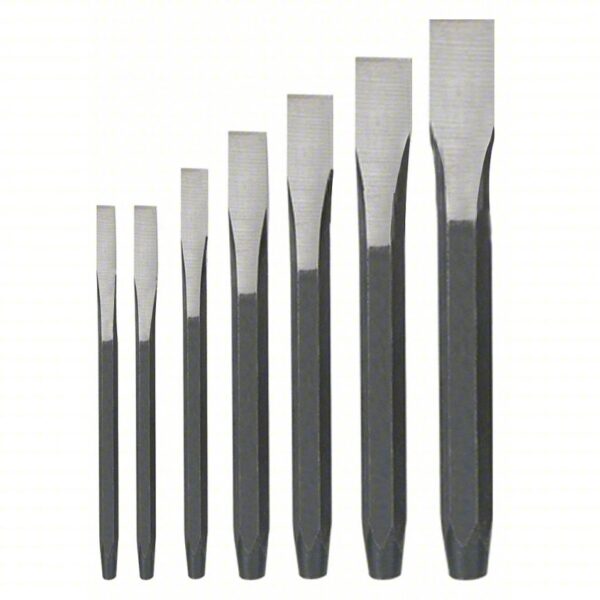 Cold Chisel Set: Steel, 1/4 in_5/16 in_3/8 in_1/2 in_5/8 in_3/4 in_7/8 in Blade Wd, Plain Grip