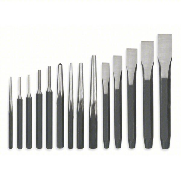 Punch and Chisel Set: 14 Pieces, Flat Chisel, Center Punch/Pin Punch/Starting Punch, Pouch