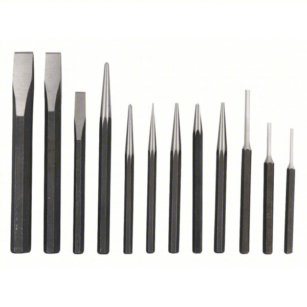 Punch and Chisel Set: 12 Pieces, Flat Chisel, Center Punch/Pin Punch/Prick Punch/Starting Punch