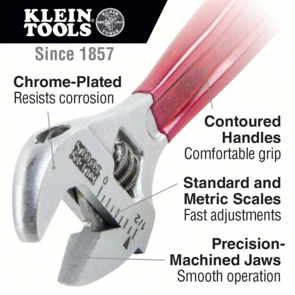 KLEIN TOOLS Adjustable Wrench: Plastic, Chrome, 12 in Overall Lg, 1 1/2 in Jaw Capacity - Image 3