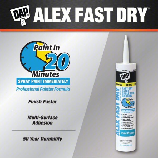 DAP Silicone Caulk: Alex Fast Dry, White, 10 oz Container Size, Cartridge - Image 5