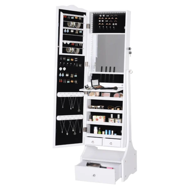 HOMCOM Standing Jewelry Cabinet Organizer Jewelry Armoire with LED Lights, Full Length Mirror, Adjustable Angle, White - Image 2