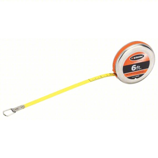 KESON Diameter Tape Measure: Loop Tip, Narrow Blade, 1/100 in/1/16 in, Silver, Steel, Yellow, PD618N