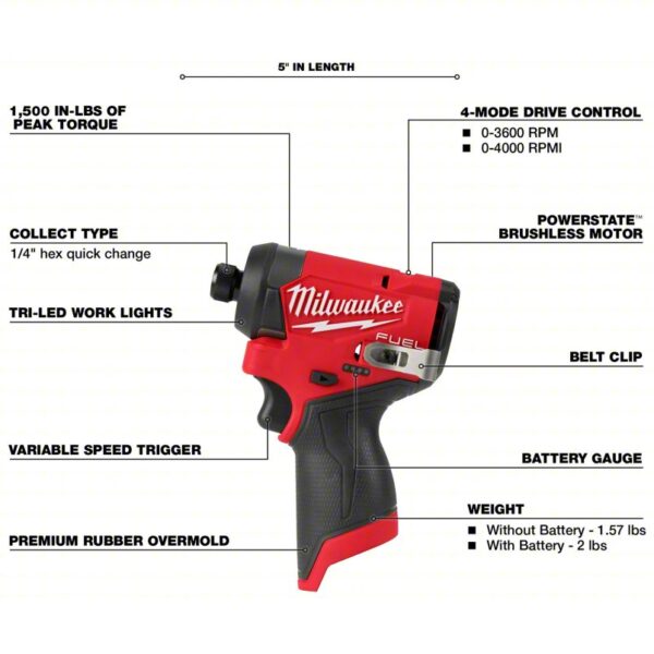 Impact Driver: 1,500 in-lb Max. Torque, 3,600 RPM Free Speed, 4,000 Impacts per Minute, Bare Tool - Image 5