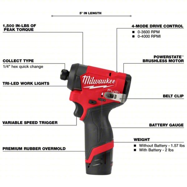 Impact Driver Kit: 1,500 in-lb Max. Torque, 3,600 RPM Free Speed, 4,000 Impacts per Minute, 2.0 Ah - Image 4