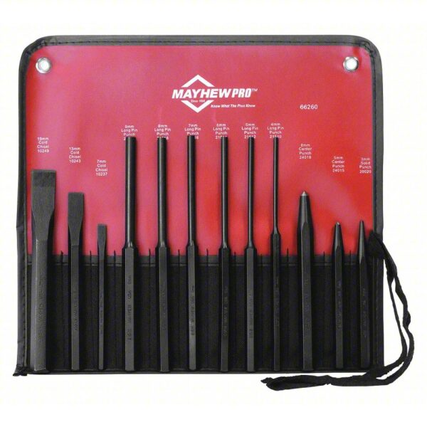 Punch and Chisel Set: 12 Pieces, Cold Chisel, Center Punch/Pin Punch/Solid Punch, Pouch