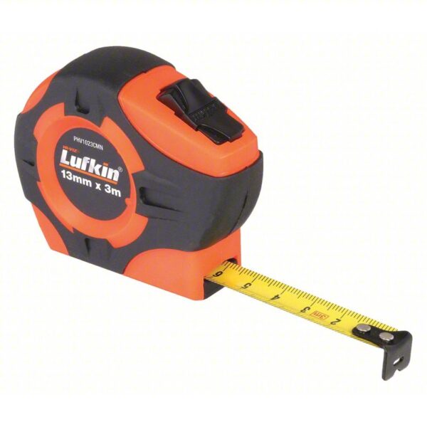 CRESCENT LUFKIN Tape Measure: Metric, Nonmagnetic Single Hook Tip, Plastic with Rubberized Grip, 3 m